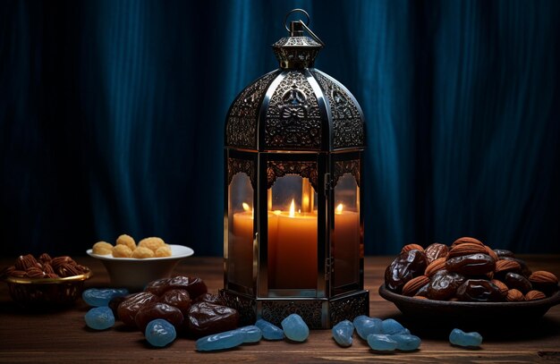Ramadan Kareem groetkaart Ramadan lantaarn met dadels noten en snoep op houten tafel