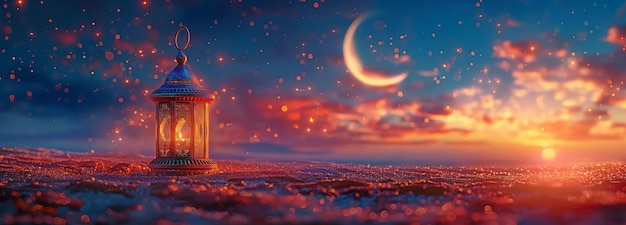 Ramadan Kareem Halve Maan met Arabische lantaarn bij zonsopgang in een woestijn Betoverende Abstracte Glitter in het licht