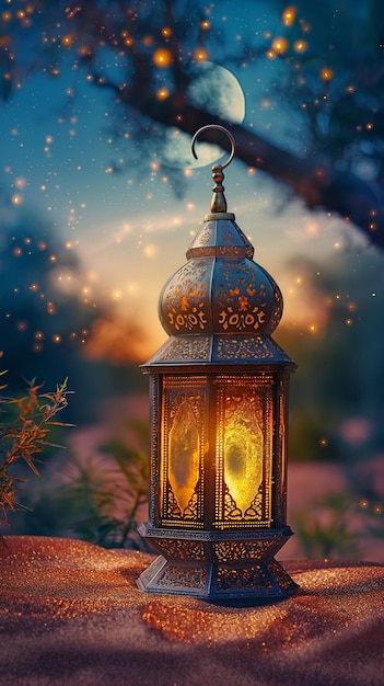 Ramadan Kareem Halve Maan met Arabische lantaarn bij zonsopgang in een woestijn Betoverende Abstracte Glitter in het licht