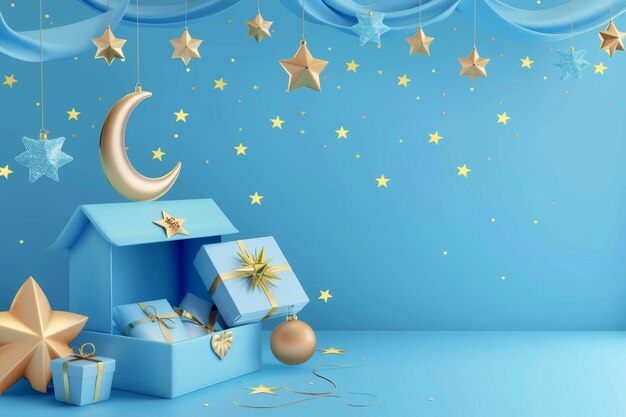 A Ramadan Kareem holiday design Celebrate Ramadan in Islam Background Realistic 3D blue boxes with crescents stars and hanging lanterns Open gift box filled with festive objects