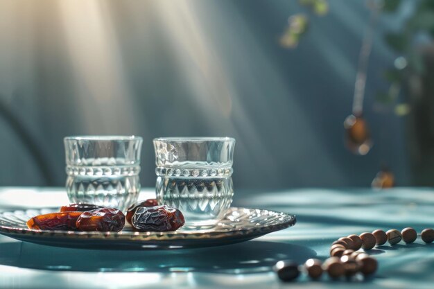 Ramadan kareem holiday water with dates fruit for iftar