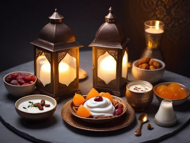 Ramadan Kareem Iftar food item fruits sweets milk sherbet Lantern of light in Ramadan AI generated