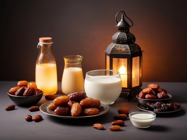 Photo ramadan kareem iftar food item fruits sweets milk sherbet lantern of light in ramadan ai generated