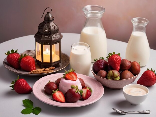 Ramadan Kareem Iftar food item fruits sweets milk sherbet Lantern of light in Ramadan AI generated