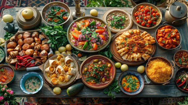 Photo ramadan kareem iftar party table with assorted festive traditional arab dishes sweets dates