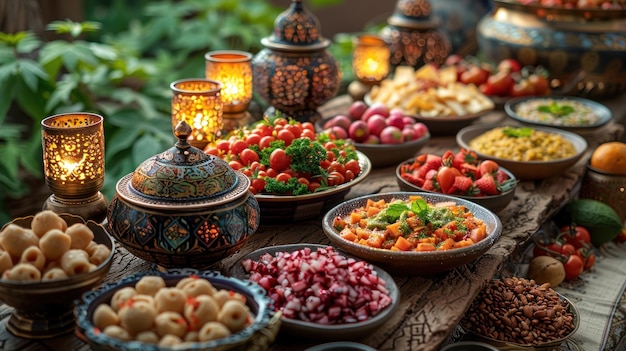 Рамадан Карим Ифтар Стол вечеринки с разнообразными праздничными традиционными арабскими блюдами сладости даты