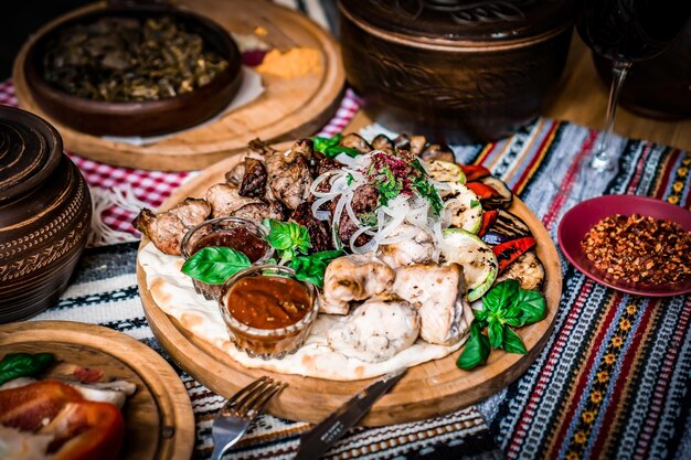 Ramadan kareem Iftar party table with assorted festive traditional Arab dishes