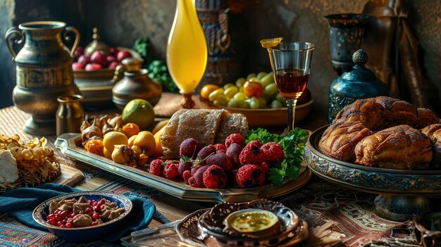 Ramadan kareem Iftar party table with assorted festive traditional Arab dishes