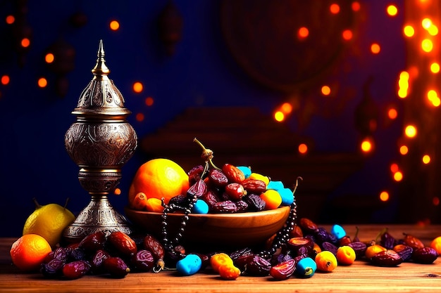 Ramadan Kareem ifter food and decoration on wooden table