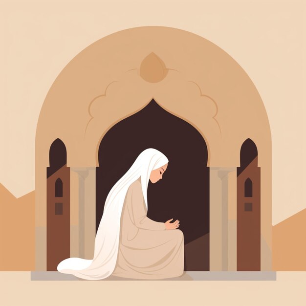 Ramadan Kareem illustration featuring a hijabi muslim woman in flat vector art style