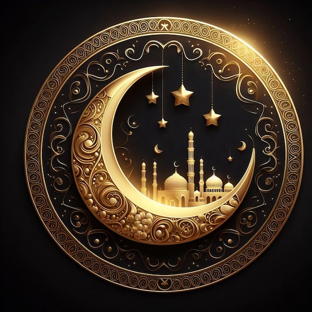 Ramadan Kareem Islamic crescent moon black gold decoration background 3d render Ai generative