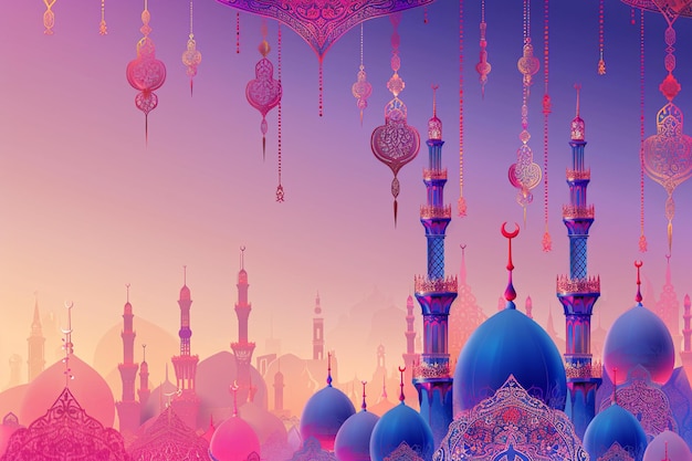 Ramadan kareem islamic design with crescent moon two arabic lanterns standing beside realistic 3d