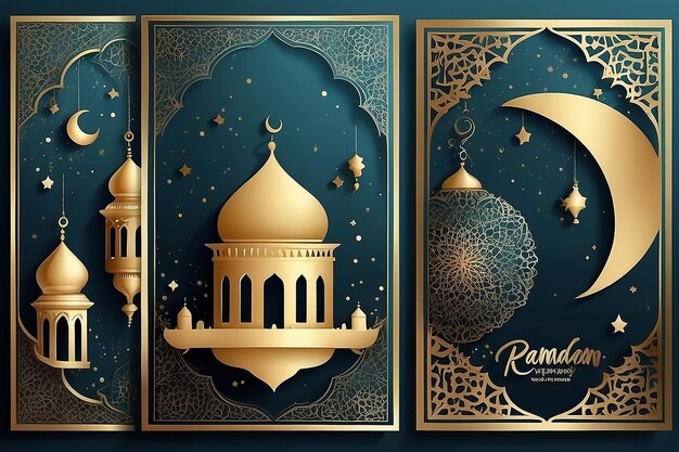 Ramadan Kareem Islamic Greeting Card Set voor Wallpaper Posters en Media Banners Vector Illustraties