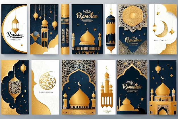 Ramadan Kareem Islamic Greeting Card Set for Wallpaper Posters and Media Banners Vector Illustrations