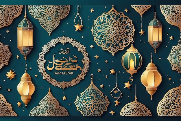 Ramadan Kareem Islamic Greeting Card Set for Wallpaper Posters and Media Banners Vector Illustrations