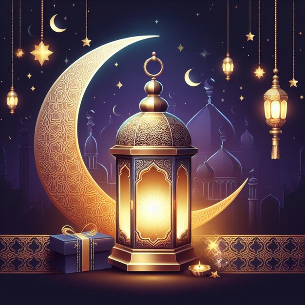 Ramadan kareem islamic moon and mosque colorful card background