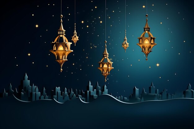 Photo ramadan kareem islamic moon and mosque hanging lamps card design