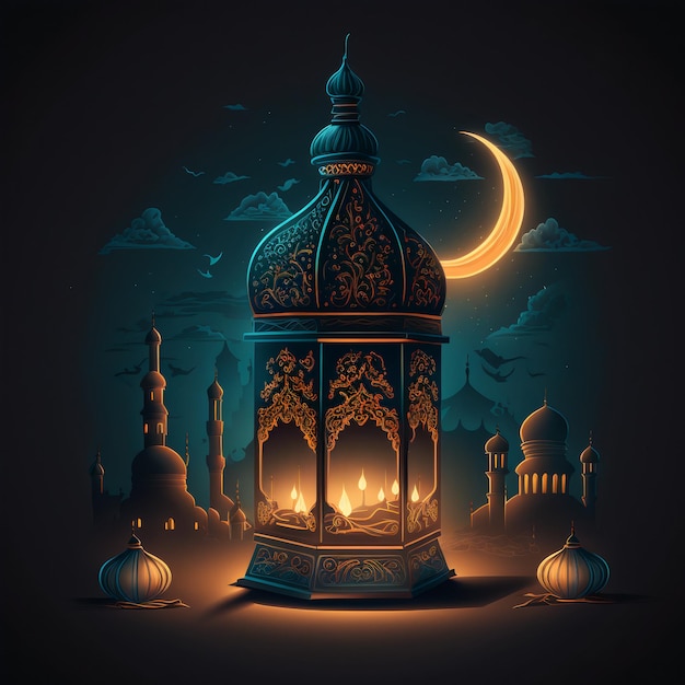 Photo ramadan kareem islamic mosque lantern with moon, eid mubarak greeting with generative ai technology