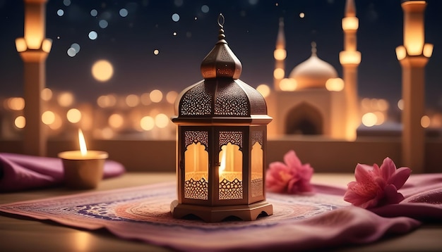 Photo ramadan kareem islamic mosque lantern with moon eid mubarak greeting