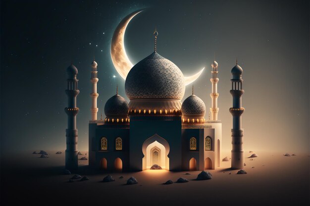 Ramadan kareem islamic mosque with moon, Eid mubarak greeting with generative ai technology