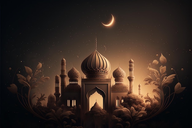 Photo ramadan kareem islamic mosque with moon, eid mubarak greeting with generative ai technology