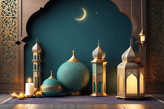 Ramadan kareem islamitische lantaarn en halve maan kaart ontwerp islamitische groet Eid Mubarak kaart