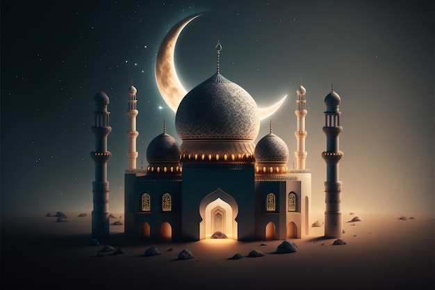 Ramadan kareem islamitische moskee met maan, Eid mubarak-groet met generatieve ai-technologie