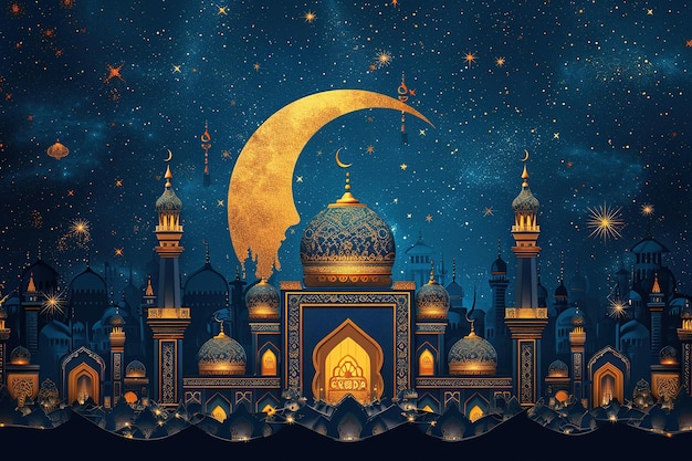 Ramadan Kareem kaartje met moskee maan en sterren