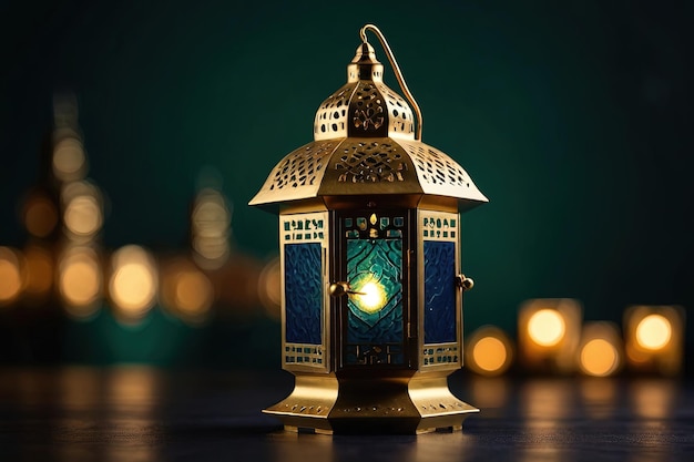 Ramadan Kareem Lamp background Ornamental Arabic lantern with burning candle glowing at night