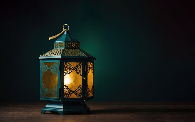 Ramadan Kareem Lamp background Ornamental Arabic lantern with burning candle glowing at night