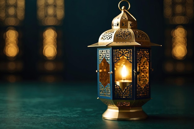 Ramadan Kareem Lamp background Ornamental Arabic lantern with burning candle glowing at night