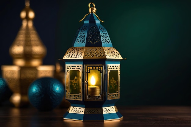Ramadan Kareem Lamp background Ornamental Arabic lantern with burning candle glowing at night