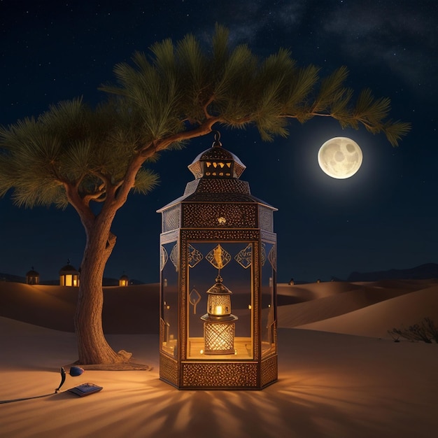 Свет лампы Рамадан Карим с финиками в пустыне финиковых деревьев