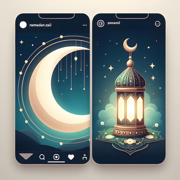 Ramadan kareem lantaarn instagram post story illustratie ontwerp met prachtige halve maan