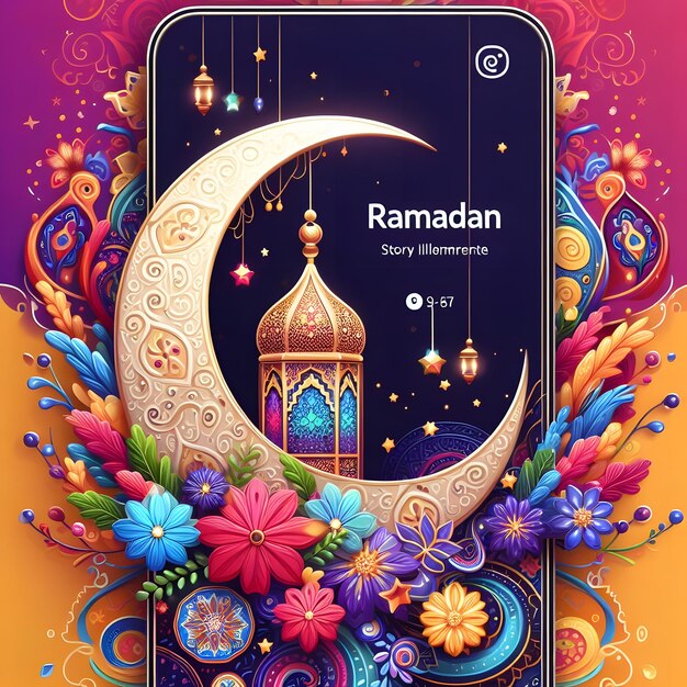 Foto ramadan kareem lantaarn instagram post story illustratie ontwerp met prachtige halve maan