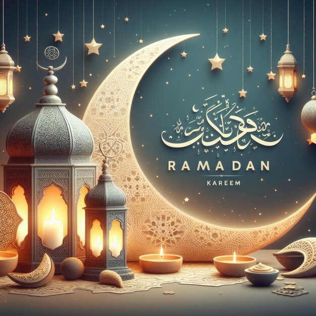 Ramadan Kareem lantern and crescent moon card design