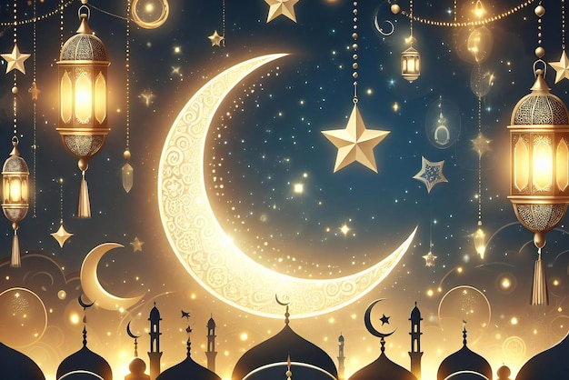 ramadan kareem lantern crescent moon greeting card for Muslim and Arabic holiday