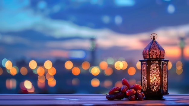 Ramadan Kareem lantern and dates fruit with city light background