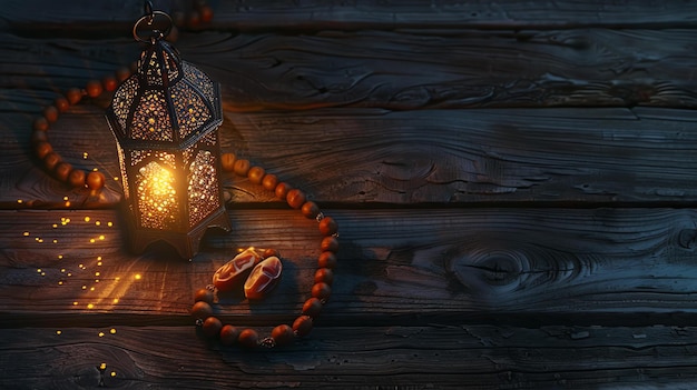 Photo ramadan kareem lantern and dates on a wooden table the concept of the holy month of ramadan