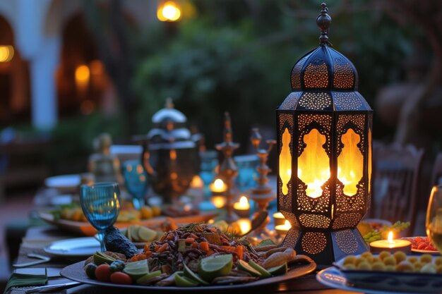 ramadan kareem lantern family food