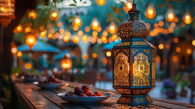 Photo ramadan kareem lantern hang on crescent moon