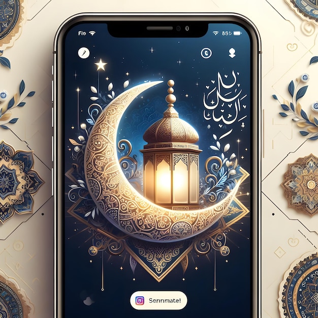 Ramadan kareem lantern instagram post story illustratie ontwerp met prachtige crescen