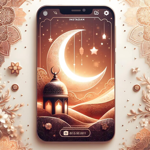 Ramadan kareem lantern instagram post story illustration design with beautiful crescent