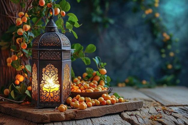 Рамаданский фонарь Карим с горящей свечой и свежими абрикосами на деревянном фоне