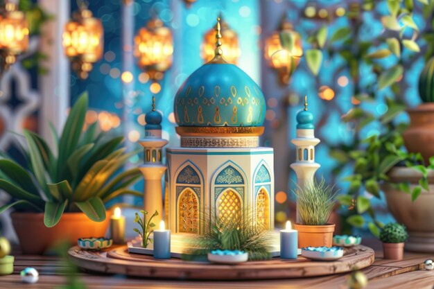 Foto ramadan kareem met een miniatuurmoskee op een houten tafel met planten