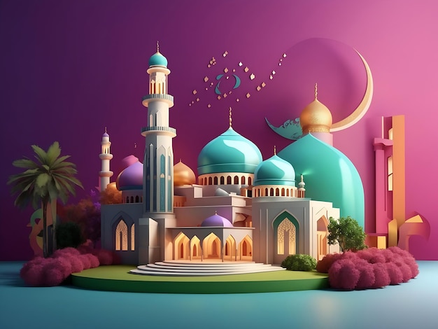 Ramadan Kareem met serene moskee 3D-rendering Generatieve Ai