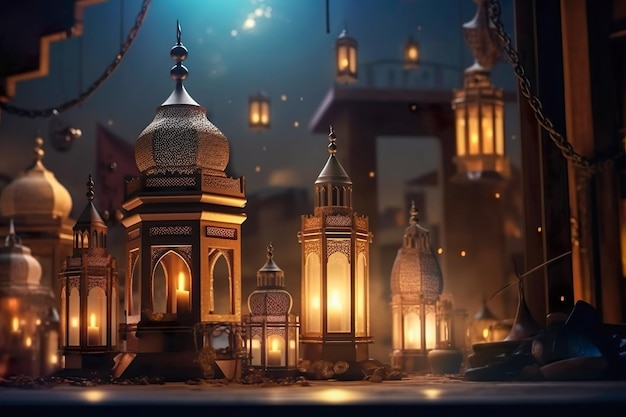 Ramadan Kareem Month Mosque and lantern with burning candle glowing light at night Generate Ai