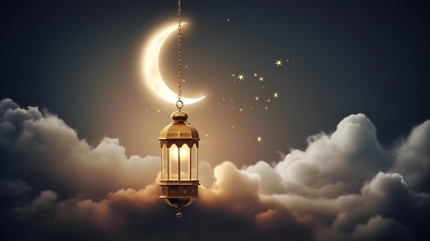 모스크가 있는 구시가지 배경에 빛나는 랜턴이 있는 라마단 카림 달