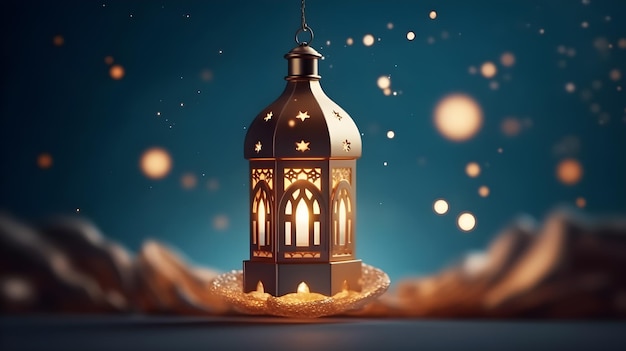 Ramadan Kareem month with glowing lantern on the background of the old city with mosque