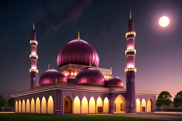 Ramadan Kareem-moskee Nachtmaan Islamitisch Concept Banner van Masjid-minaretten Generatieve AI
